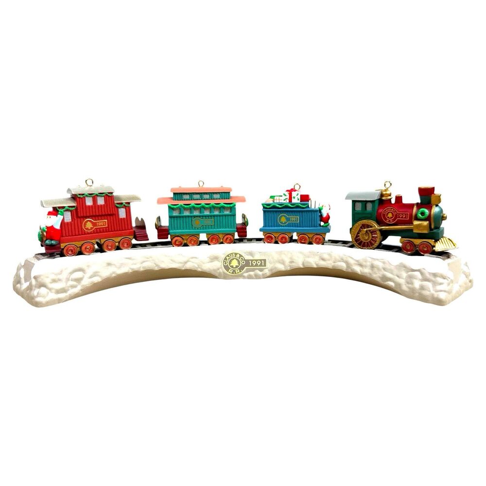 1991 Hallmark Miniature Train Set Claus & Co. Keepsake Ornaments w/ Display